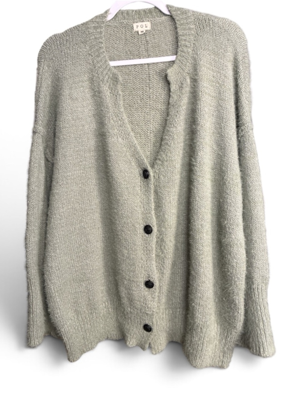 POL Relaxed Button-Front Fuzzy Cardigan in Sage Green Medium